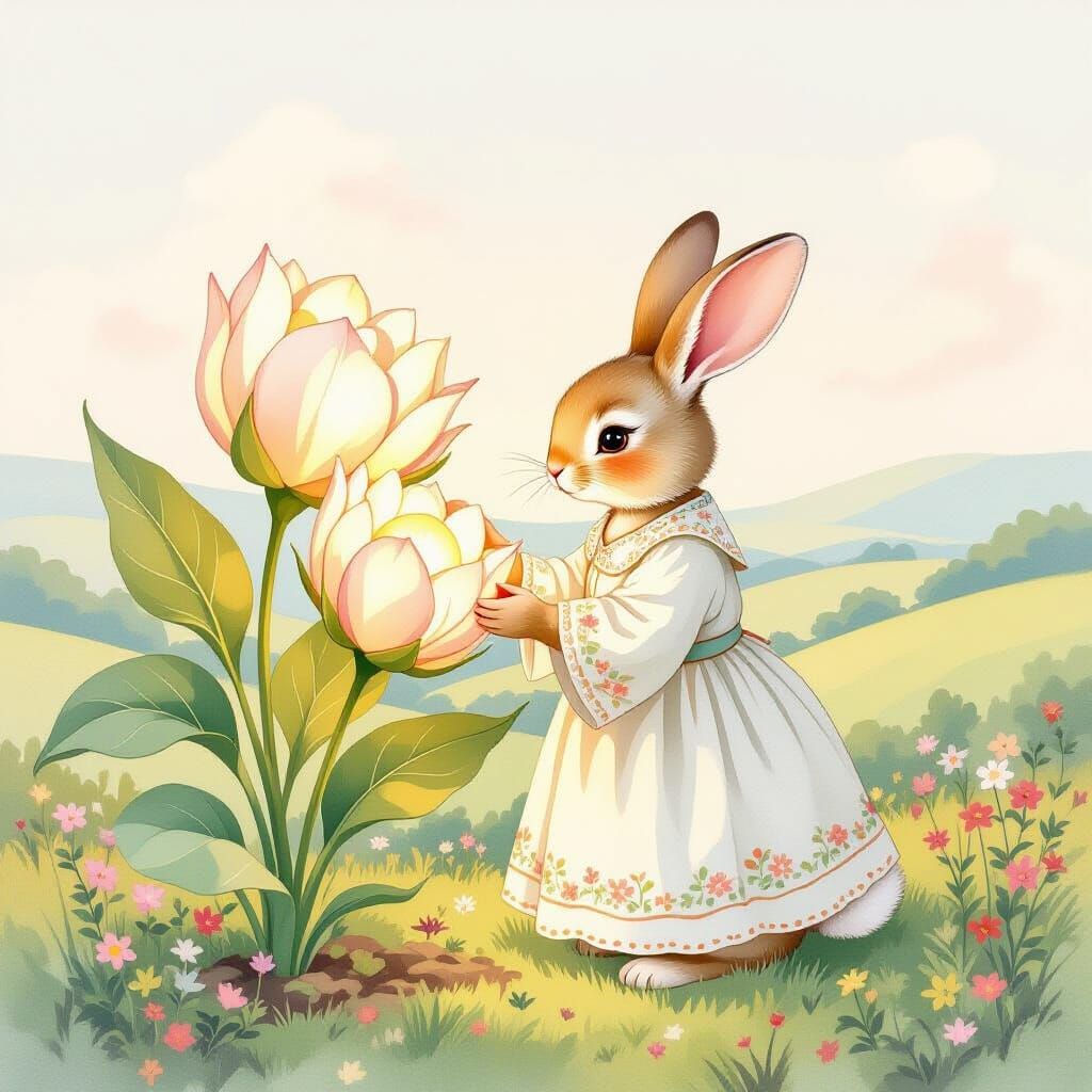 Bunny Nurturing Glowing Flowers in Pastel Landscape