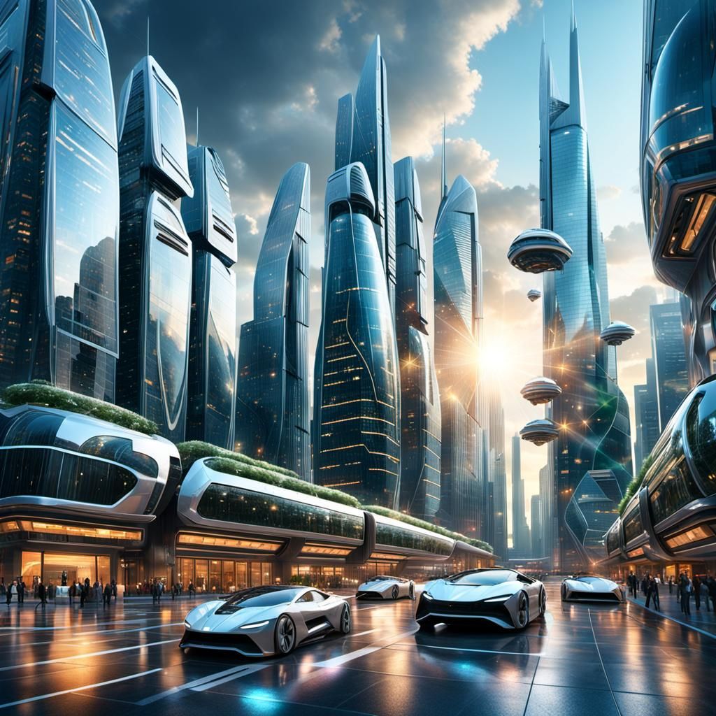 Futuristic Cityscape with Flying Cars at Sunrise