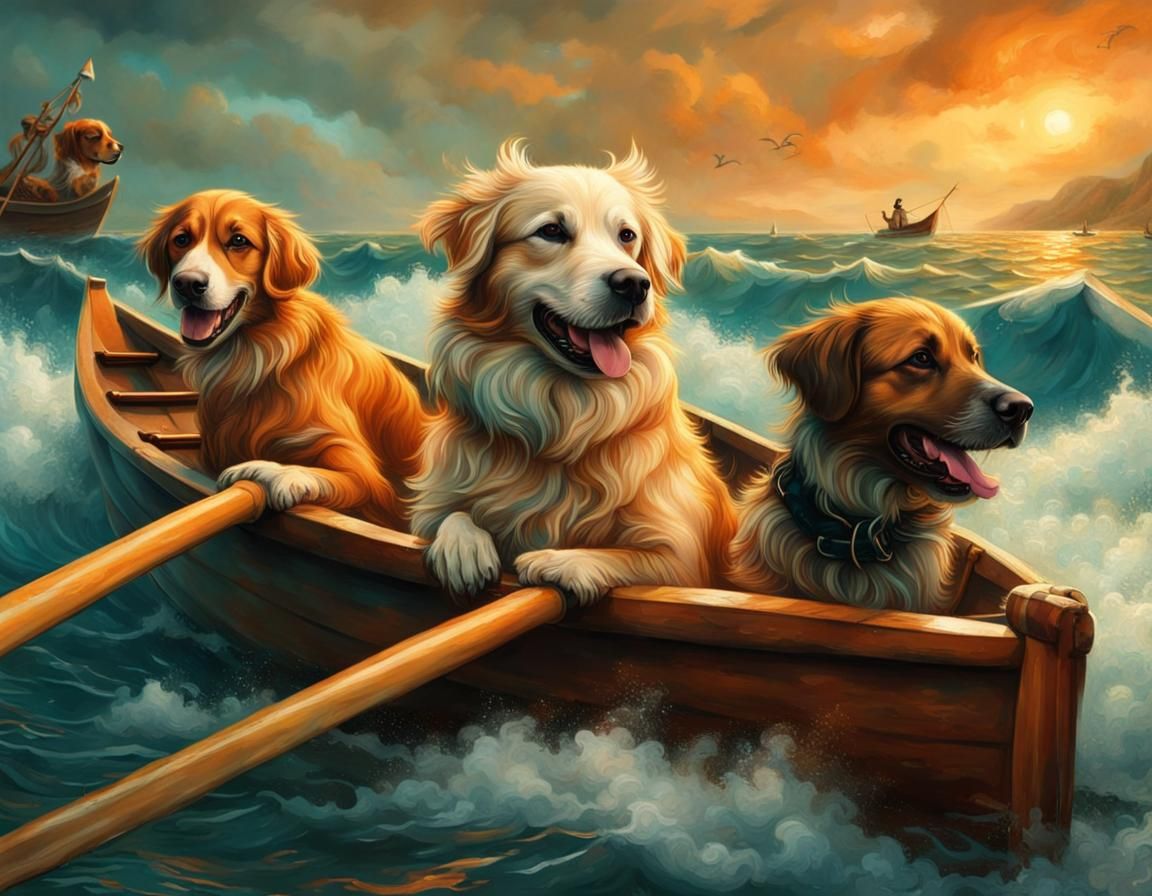 Dogs in a Rowboat Navigate Turbulent Waters in a Vibrant Ren...