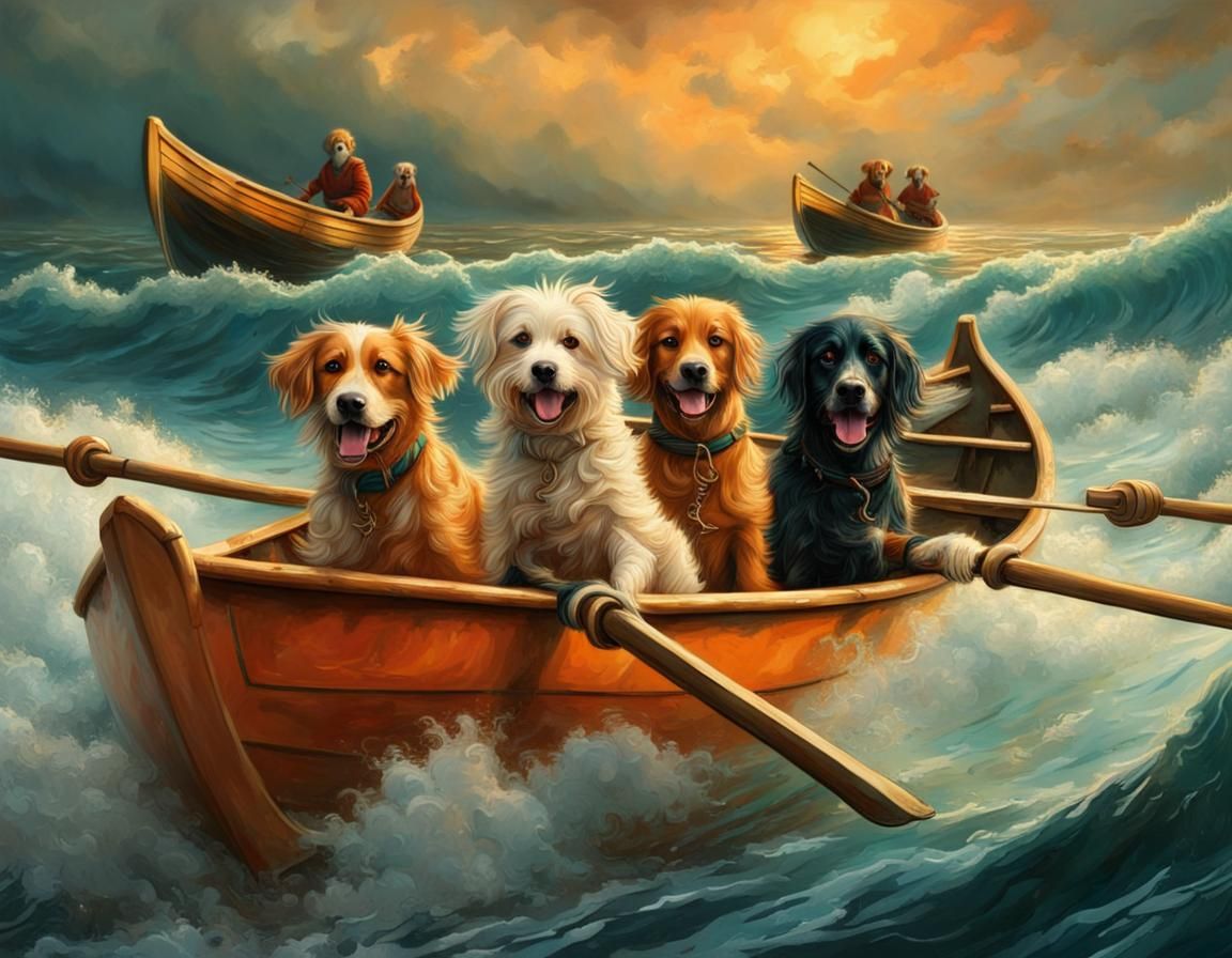 Dogs Navigate a Rowboat in Turbulent Waters