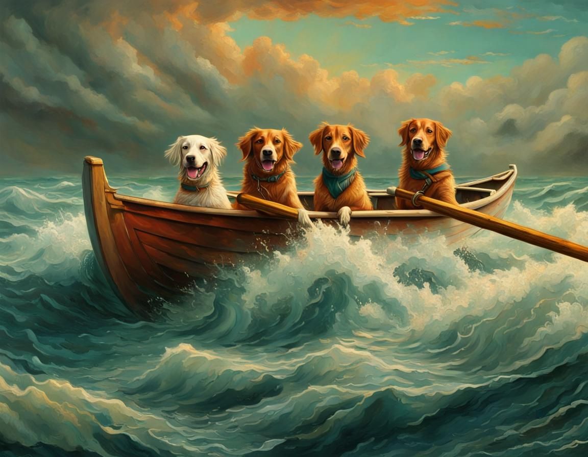 Dogs in a Rowboat Navigate Stormy Waters