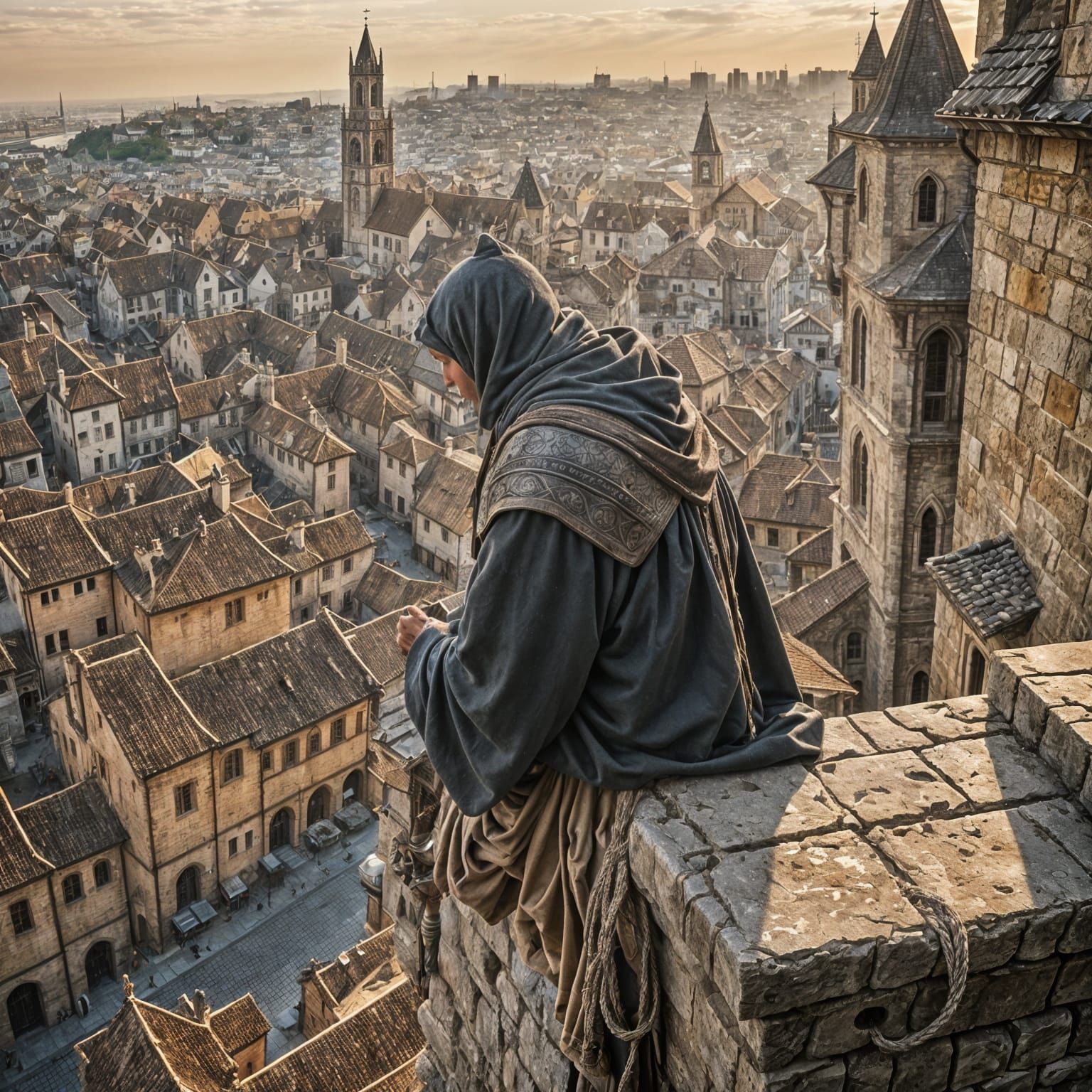 Medieval Bell Ringer Overlooking Town: Cinematic Still