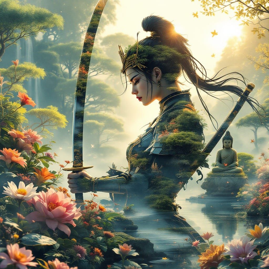 Samurai Warrior in Whimsical Japanese Garden