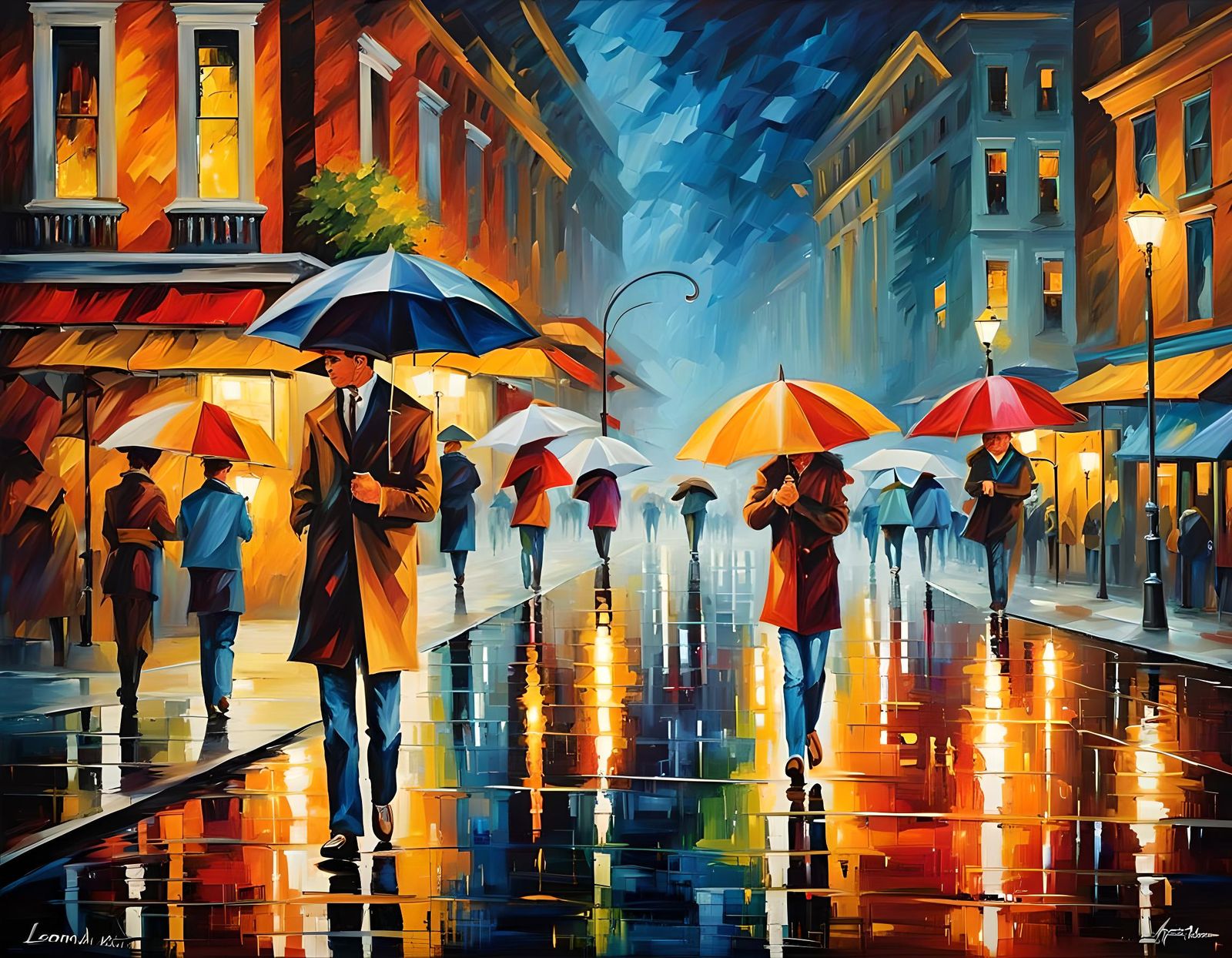 Rainy Night Street Scene in Impressionist Style