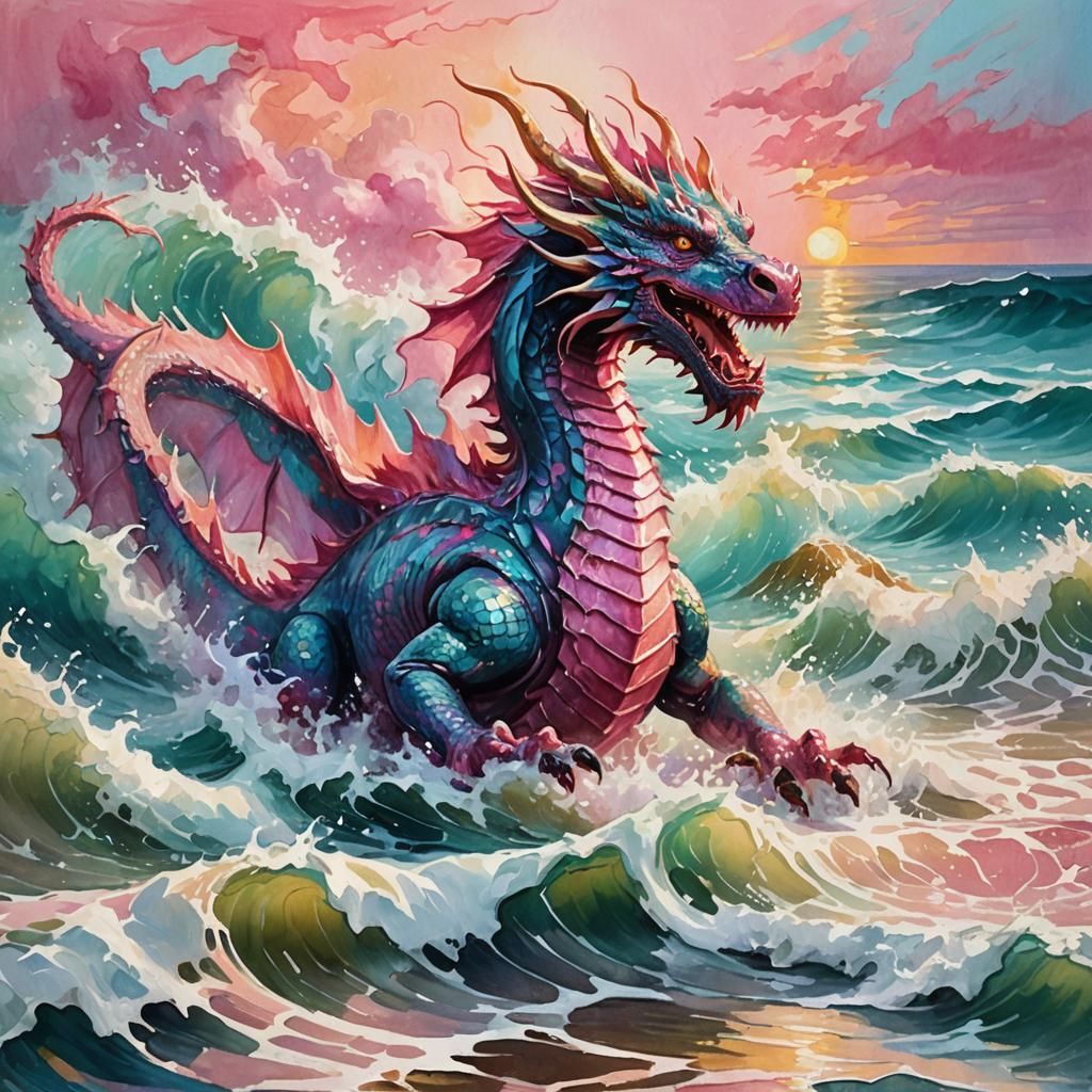 Pink Dragon Emerges: Gouache Watercolor Impressionism