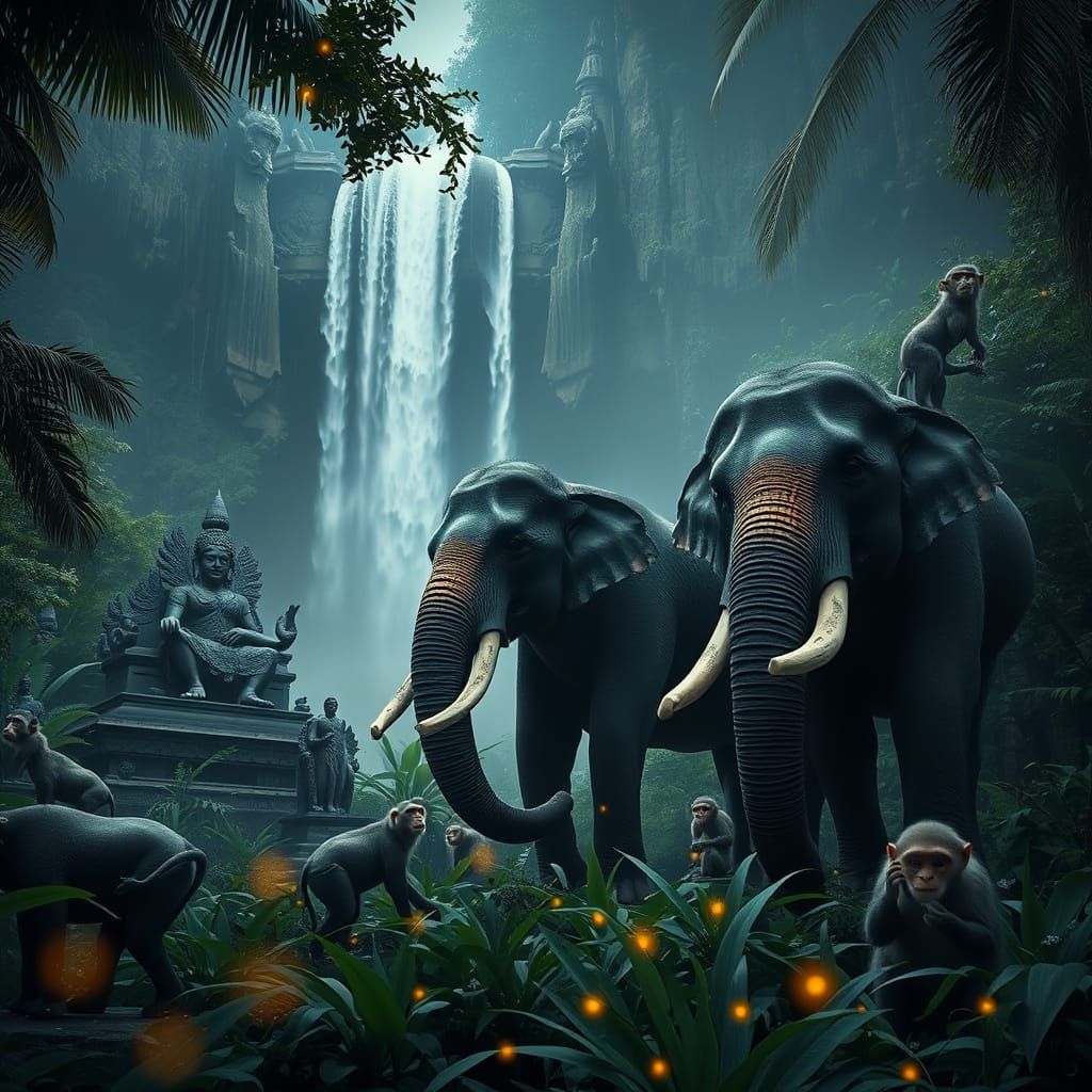 Elephants and Monkeys in Lush Jungle with Waterfall