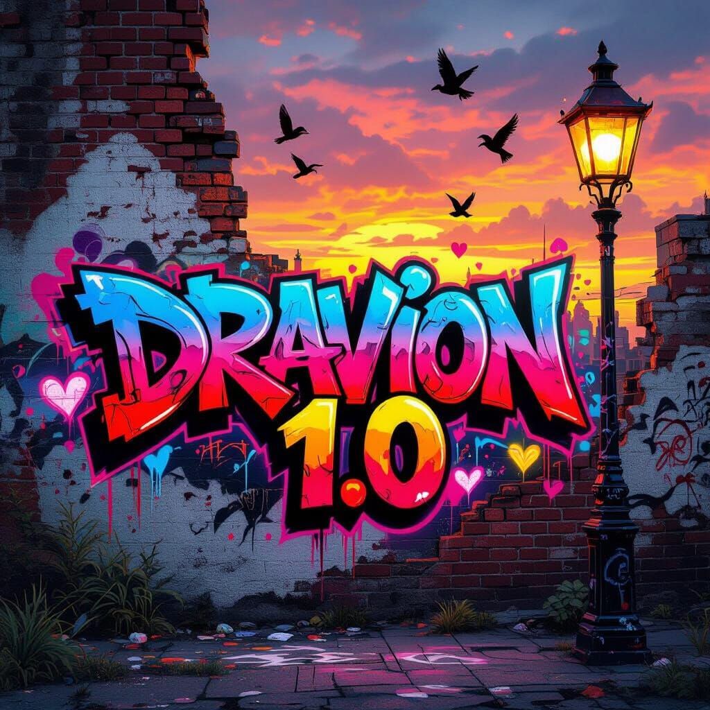 Graffiti Mural of 'DRAVION 1.0' at Sunset