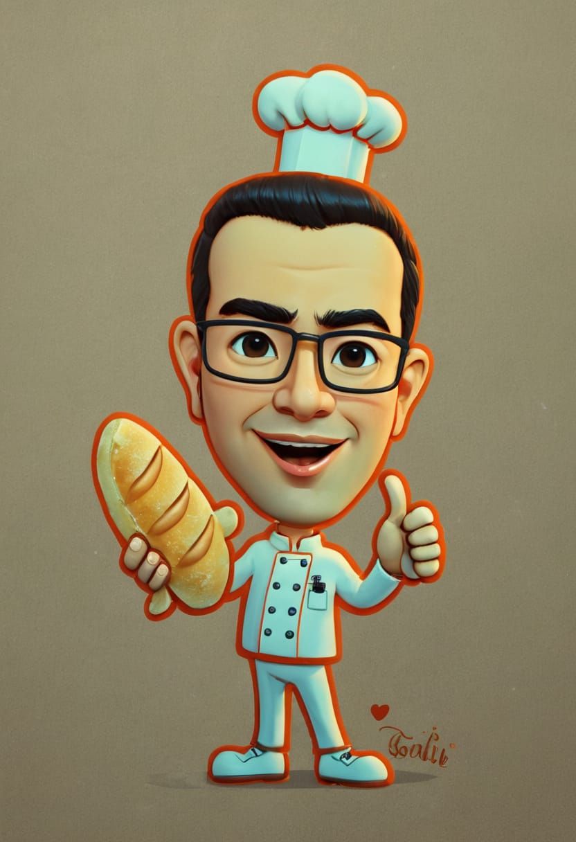 Cartoon Chef with Baguette Gives Thumbs Up in Vibrant Style