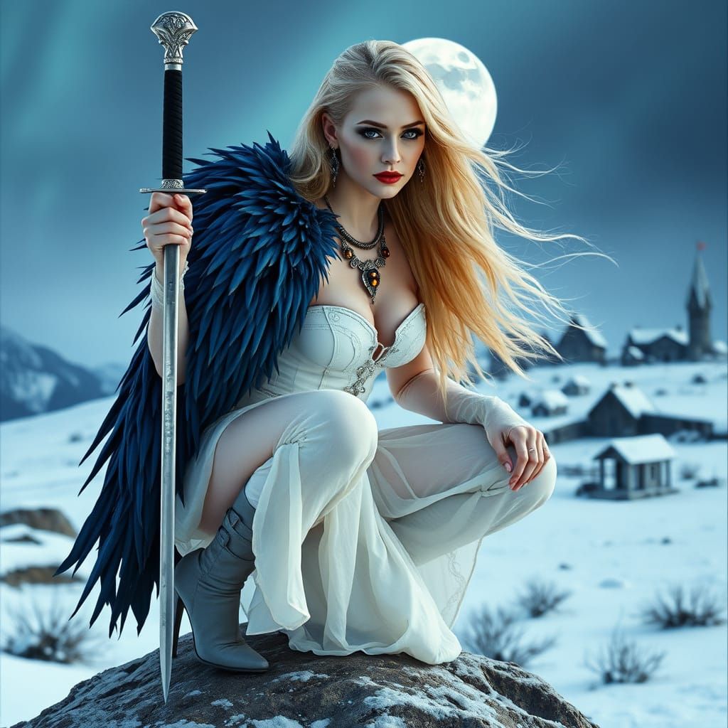 Ethereal Goddess in Snowy Viking Landscape
