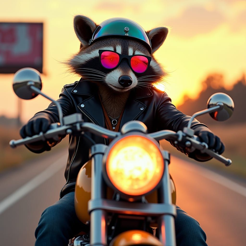 Raccoon Rider on Motorbike with Neon Helmet