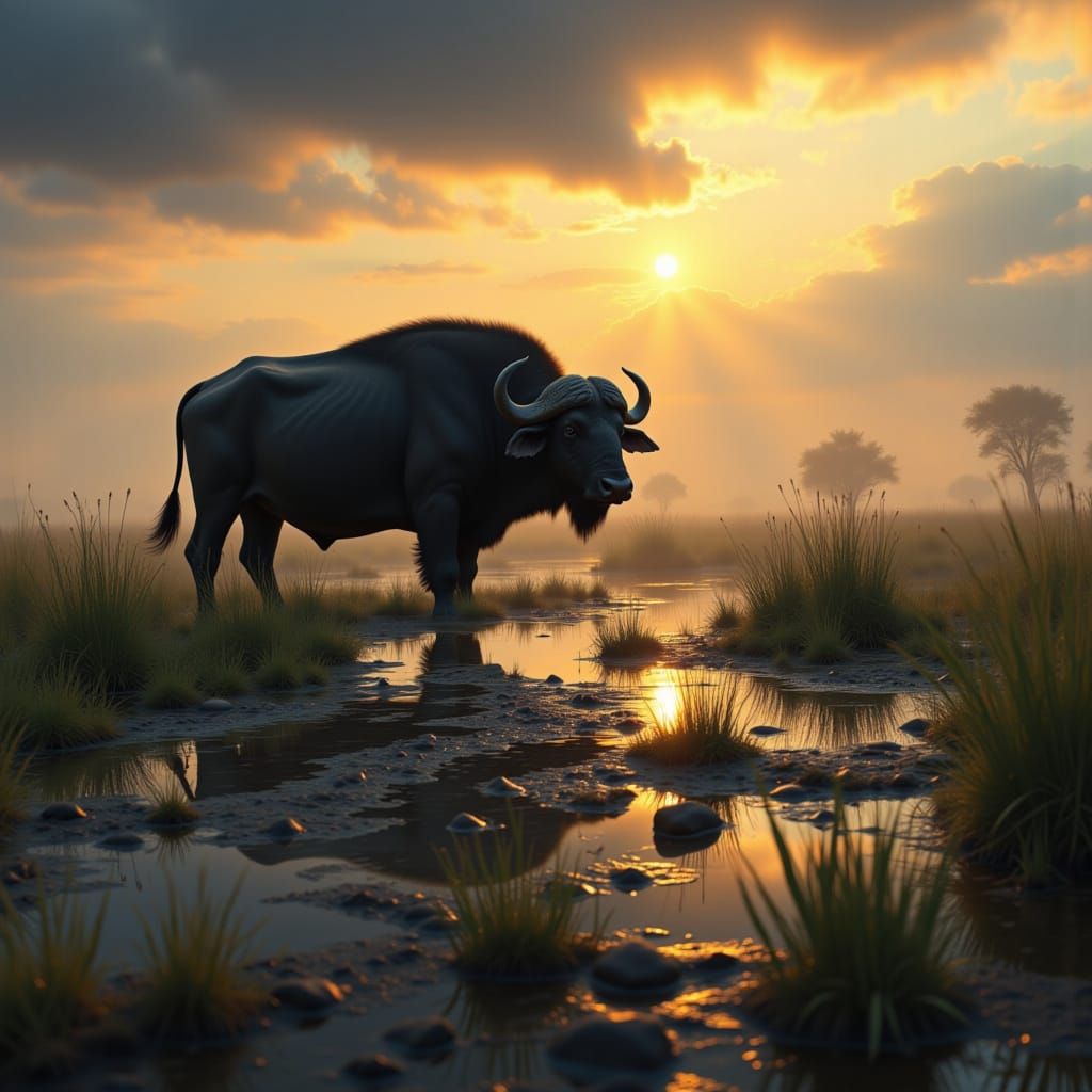 African Buffalo at Dawn in Matte Painting Style