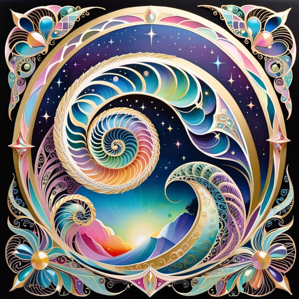 Nacreous Nautilus in Ornate Oil-Gouache Style