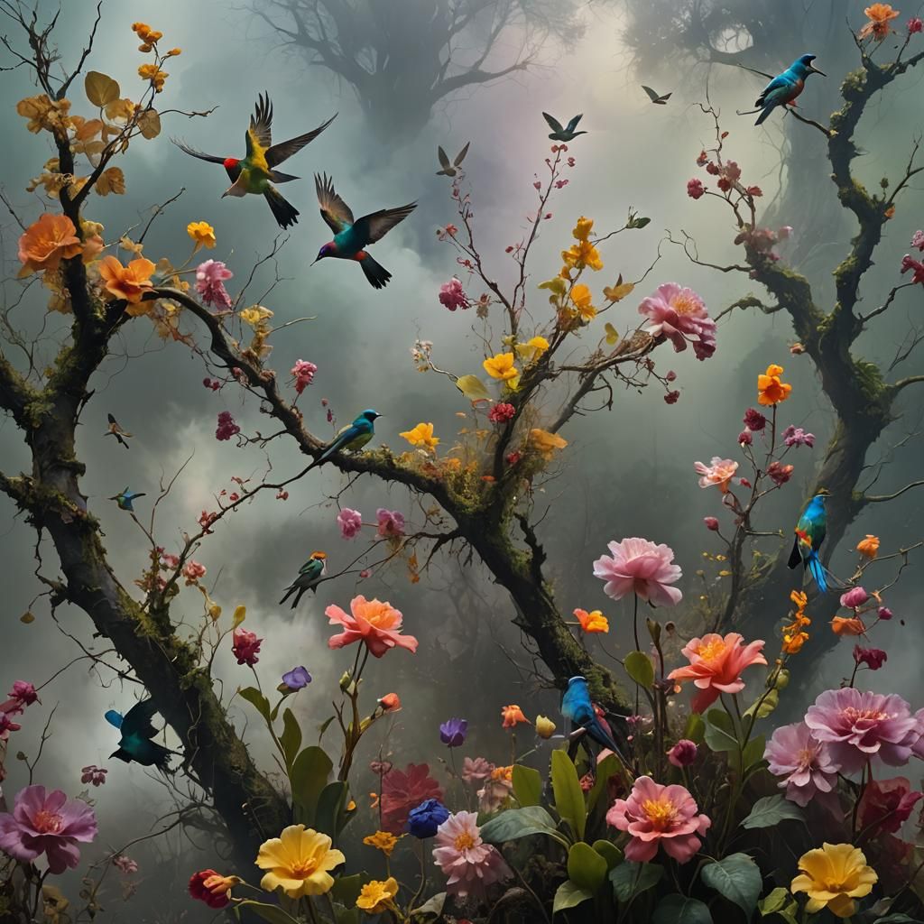 Dreamy Mist-Filled Space with Vivid Flowers and Birds