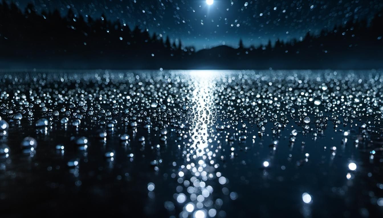 Mesmerizing Crystalline Raindrops Reflecting on Lake at Nigh...