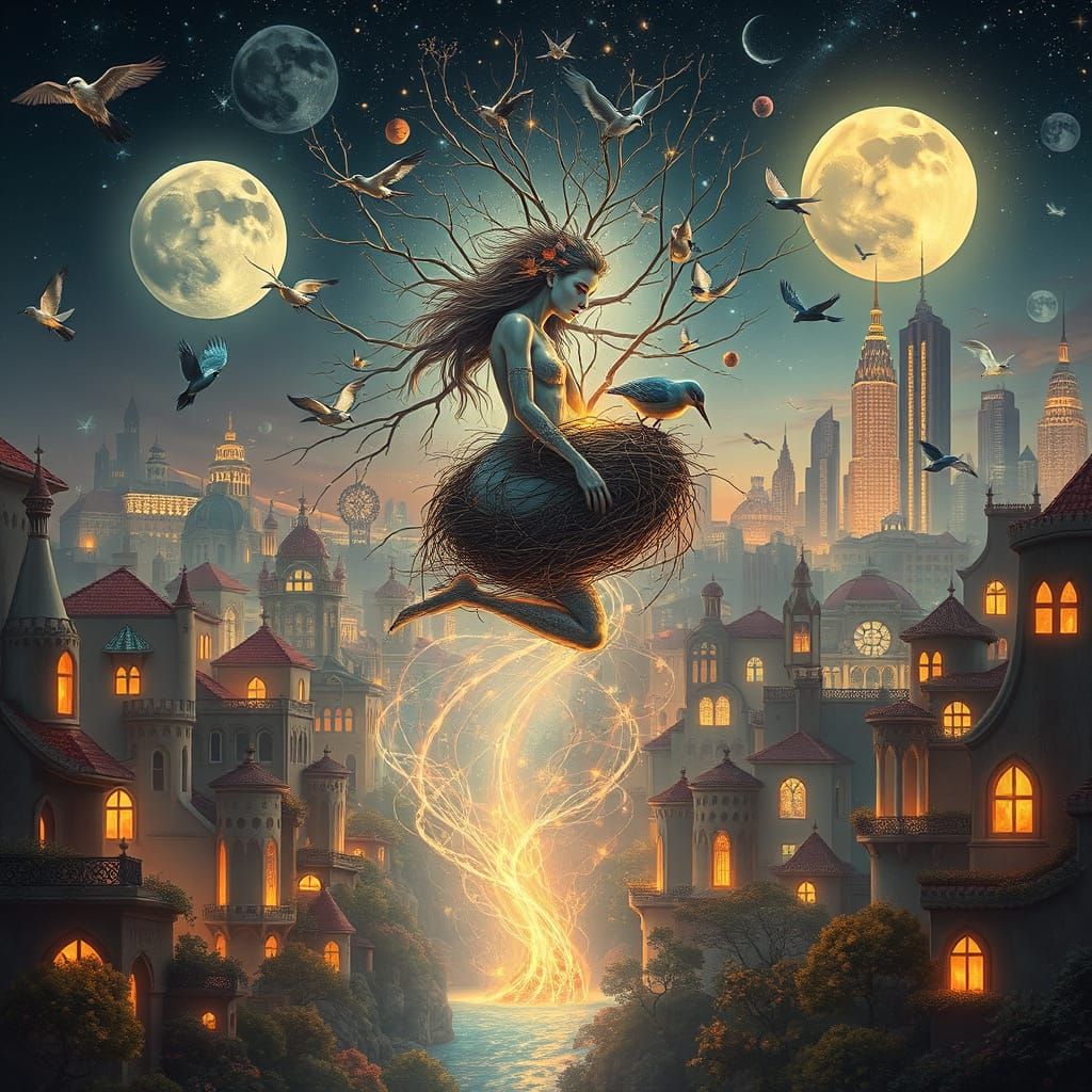 Ethereal Woman Intertwined with Nature in Dreamlike Art