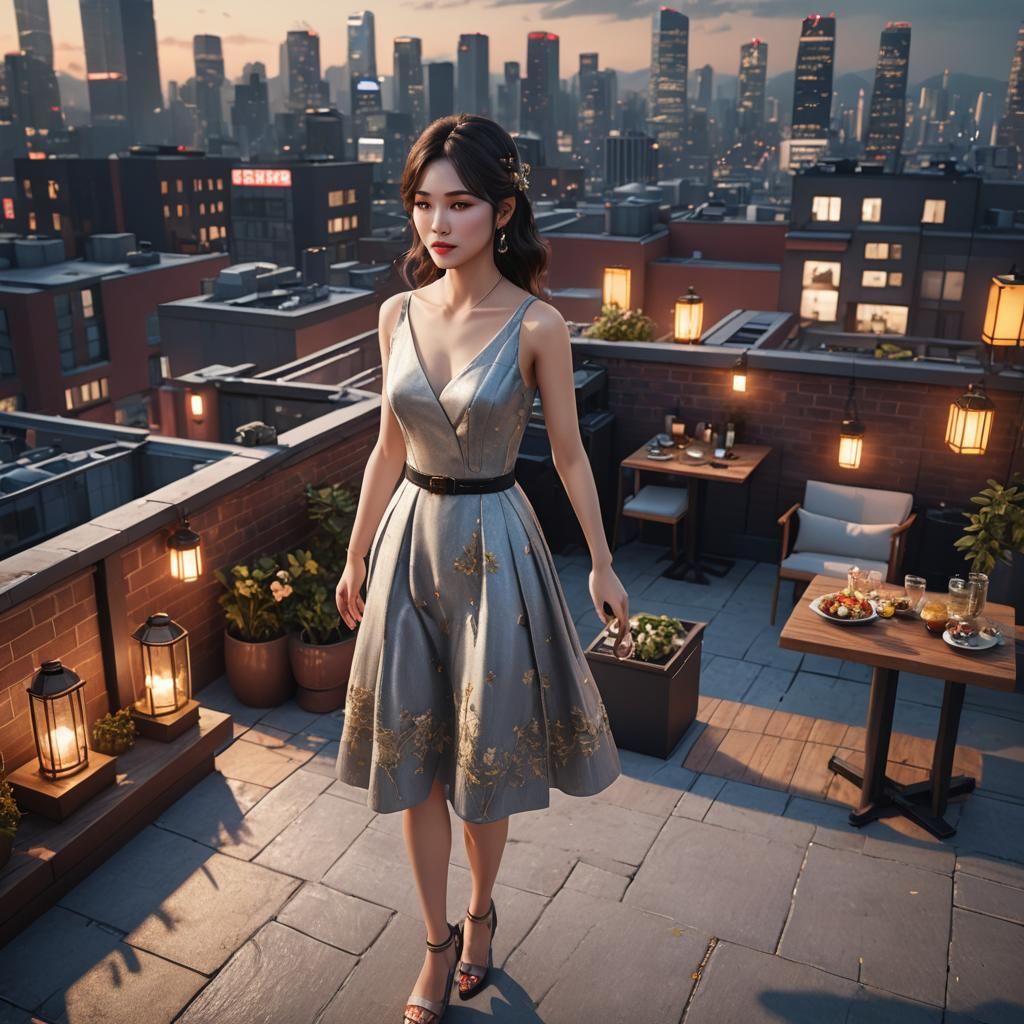 Korean Girl at Rooftop Party in 3D Cinematic Style