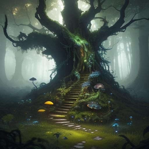 Mystical Forest with Glowing Mushrooms in Fantasy Style