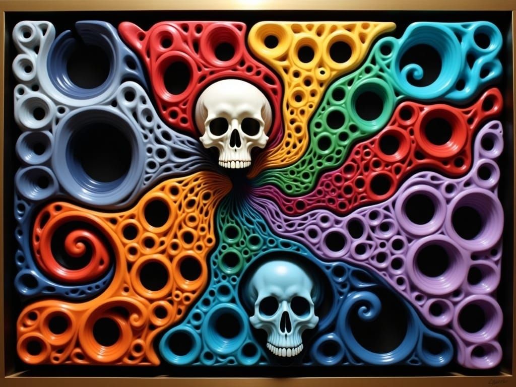 Vibrant, Colorful Skull Tapestry in Surrealist Style