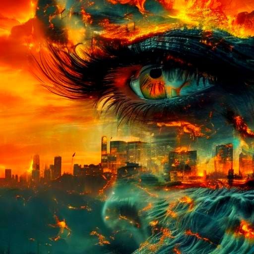 Fiery Gaze: Red Eyes in Double Exposure