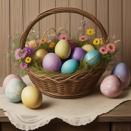 Vibrant Easter Eggs in a Rustic Wicker Basket