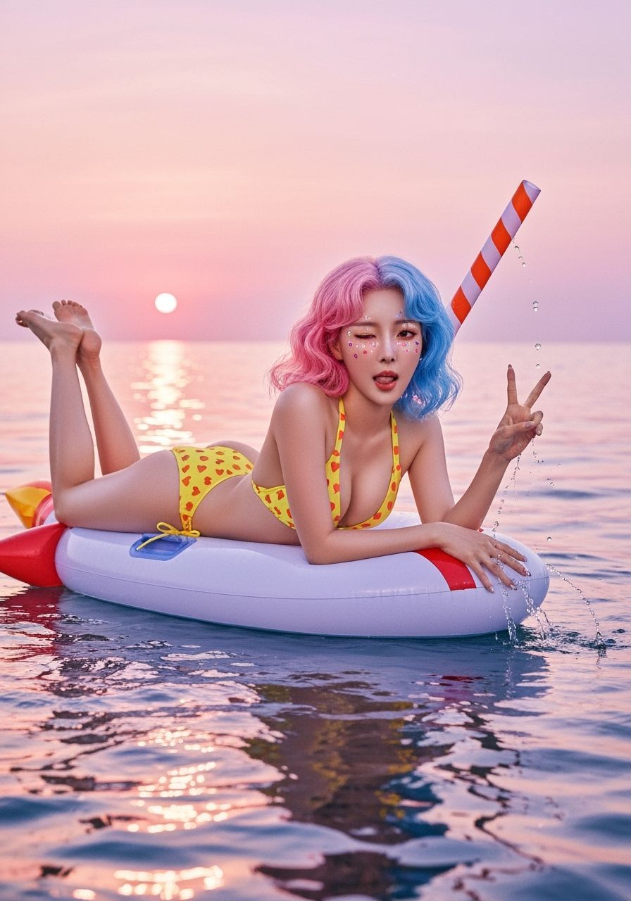 Glamorous K-Pop Idol on Rocket Float at Dawn