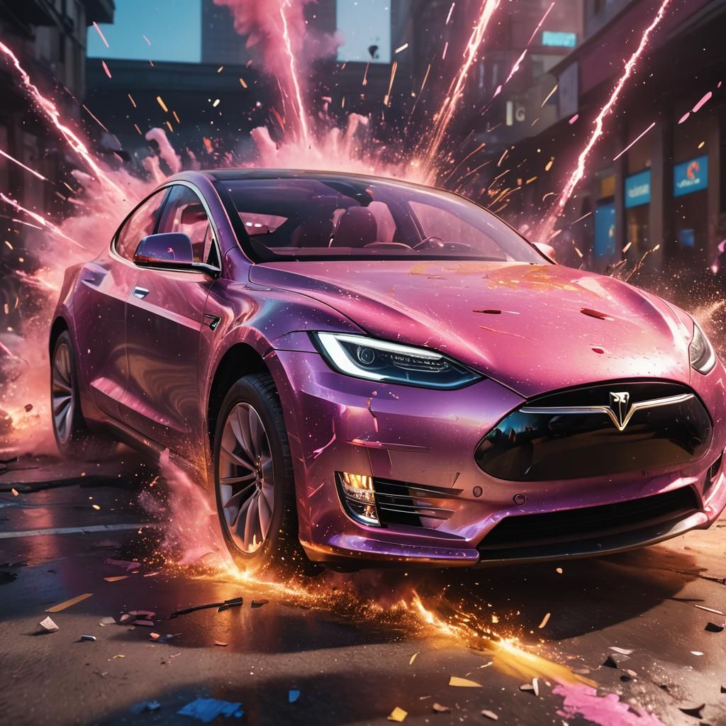 Elon Musk and Exploding Pink Tesla: Concept Art
