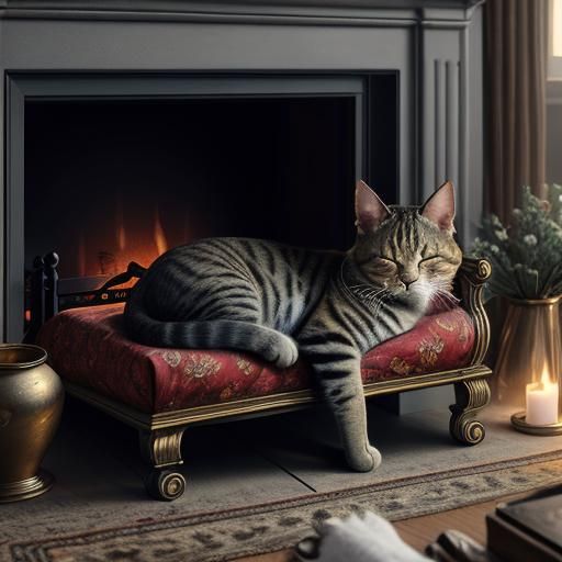Cat Nap by Fireplace: Digital Matte Painting