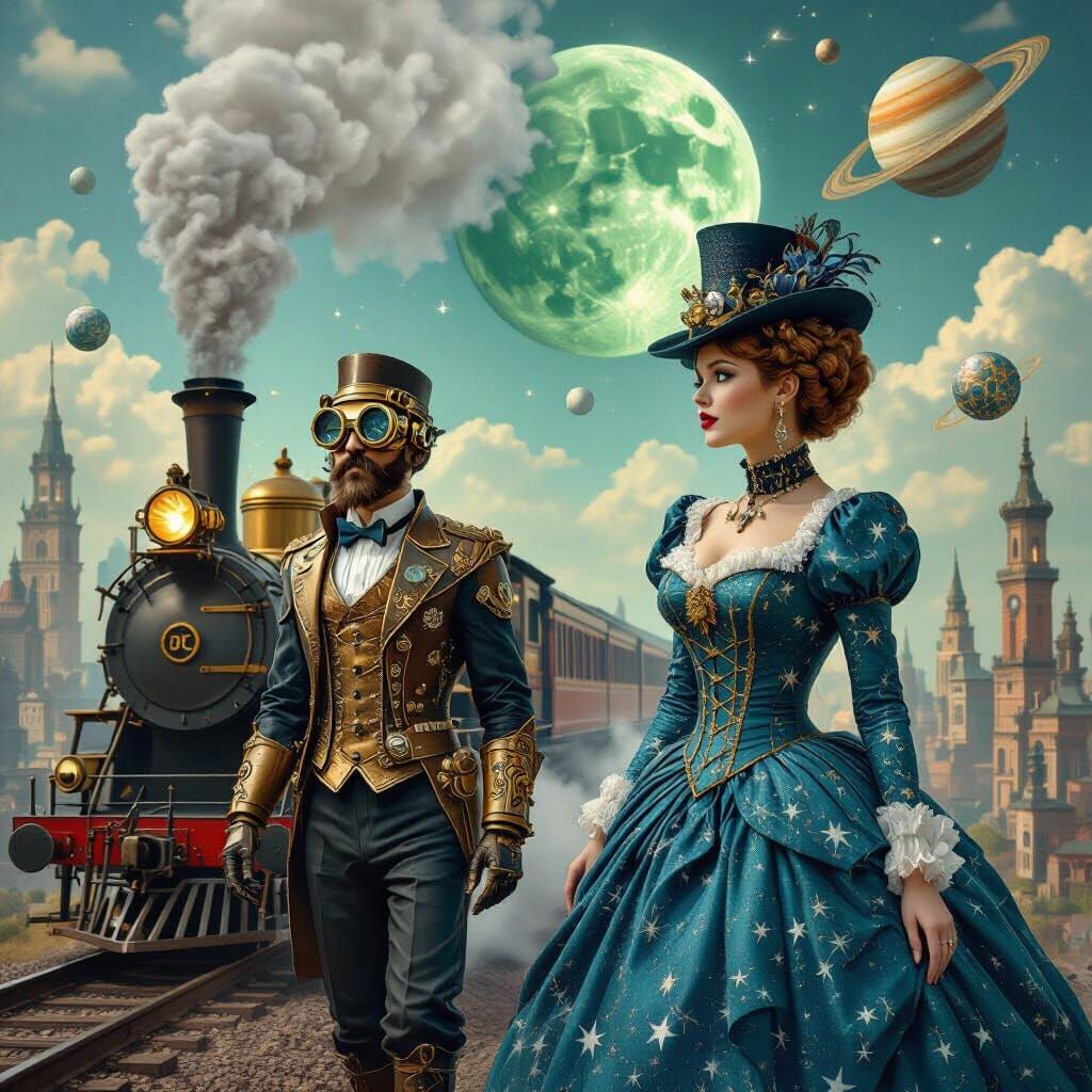 Steampunk Figures in Fractal Dreamscape, Multi-Exposure Art