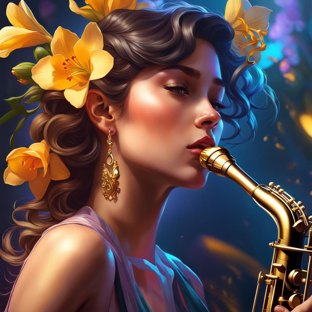 Passionate Saxophone Girl with Freesia Flowers