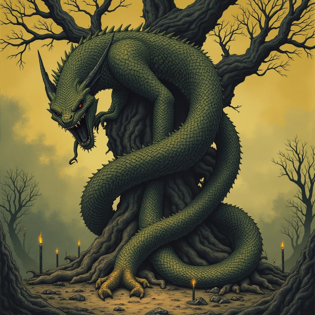 Twisted Nightmarish Dragonwolfsnake Wraps Ancient Tree