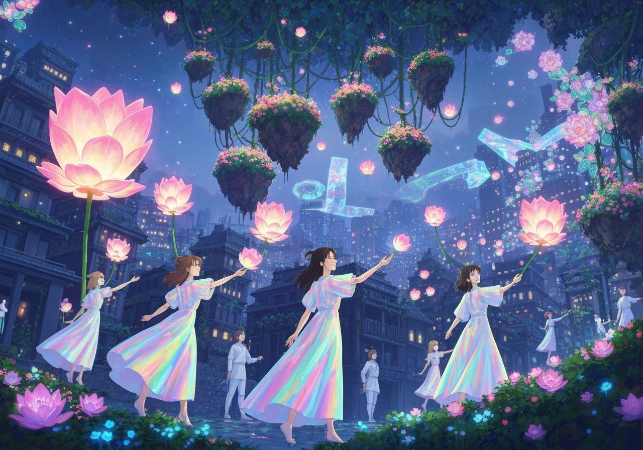 Bioluminescent Flowers Released from Floating Gardens