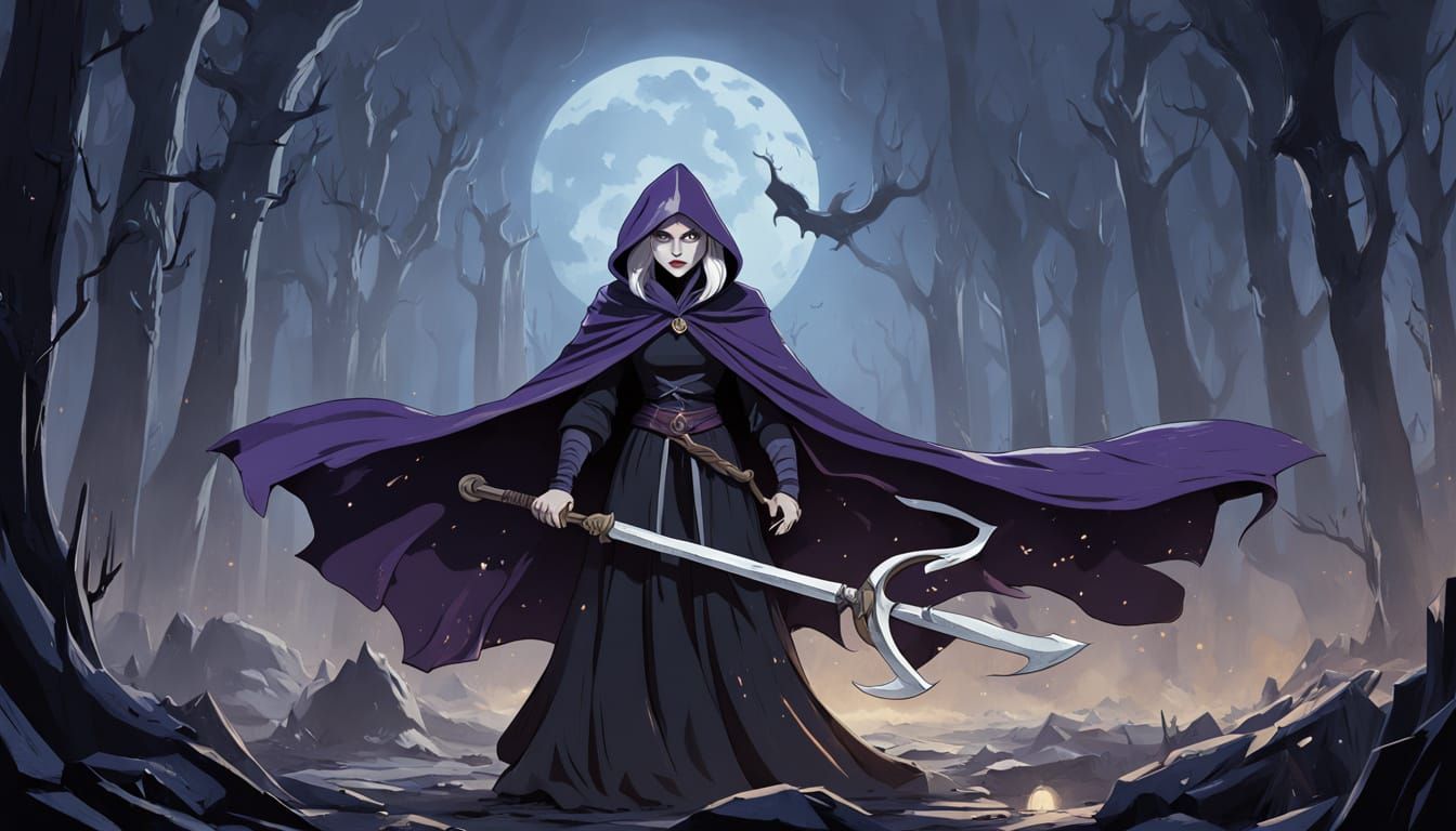 Mysterious Woman in Tattered Cloak Wields Ancient Scythe