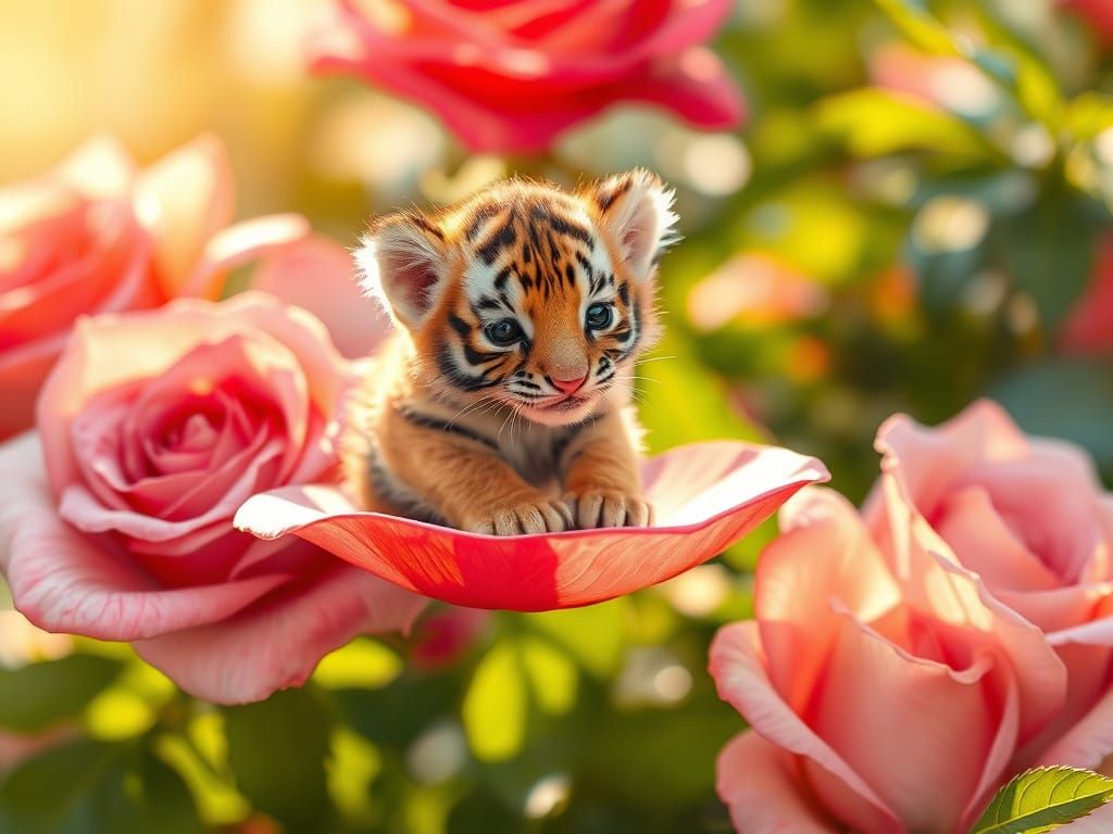Whimsical Tiger Cub on a Delicate Rose Petal in a Serene Gar...