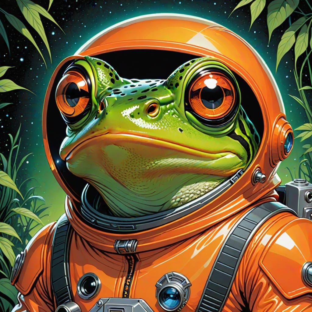 Green Frog Astronaut in Orange Spacesuit