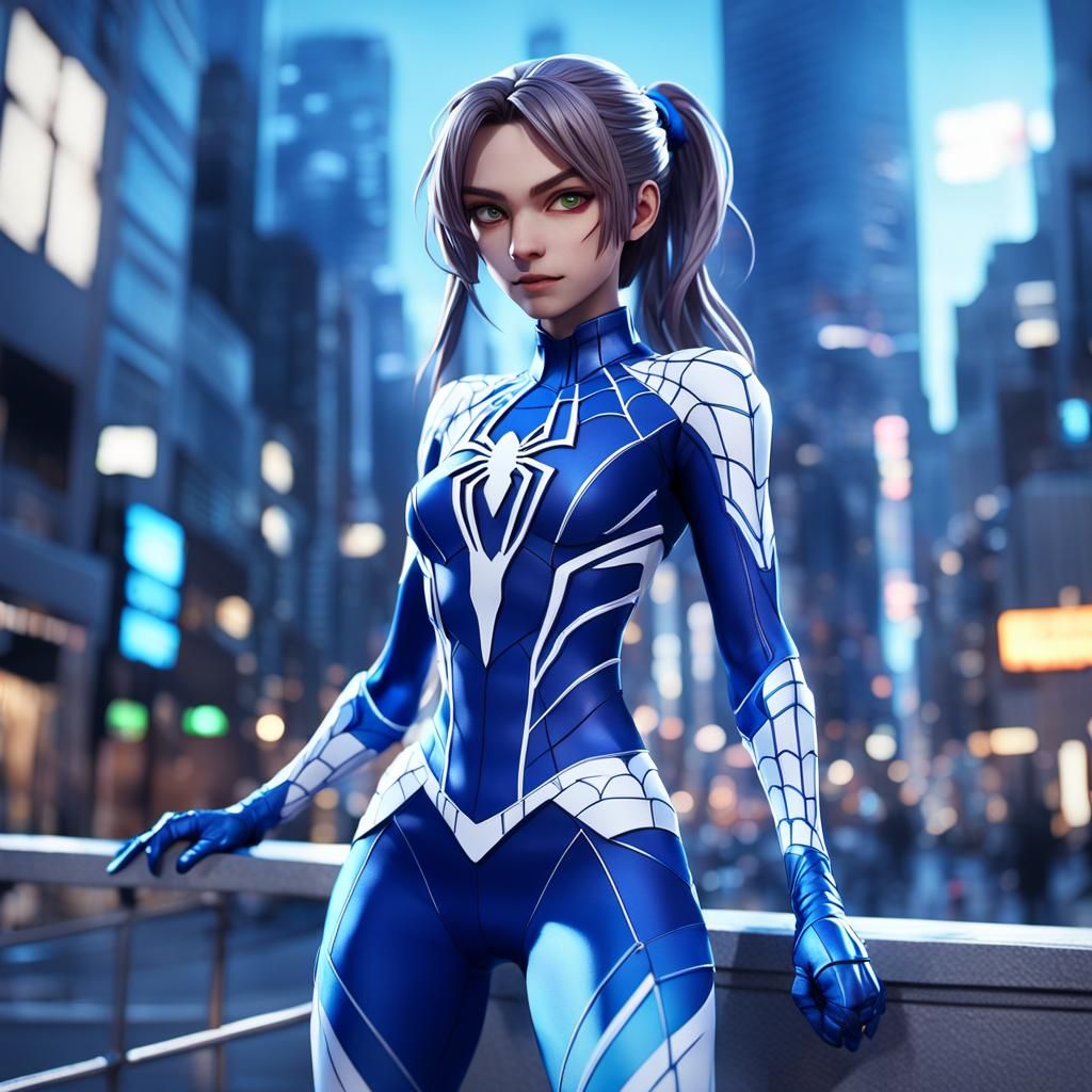 Spider Heroine Poses in City, 3D Anime Art