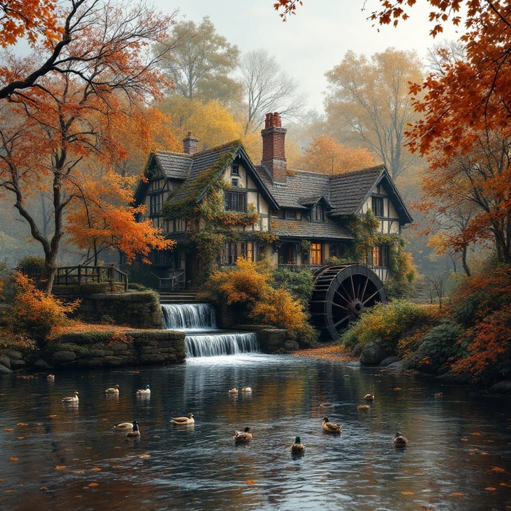 Autumn Waterwheel Scene in Hyper-Realistic Digital Art