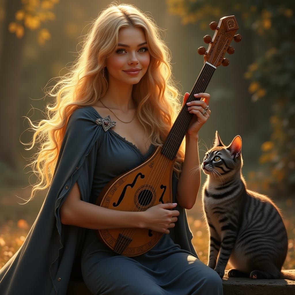 Bardess in Elegant Regalia, Poised to Play