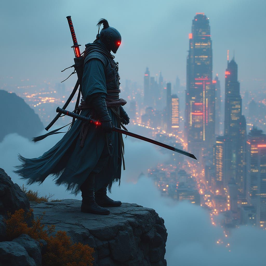 Cyberpunk Samurai Overlooking Neon City