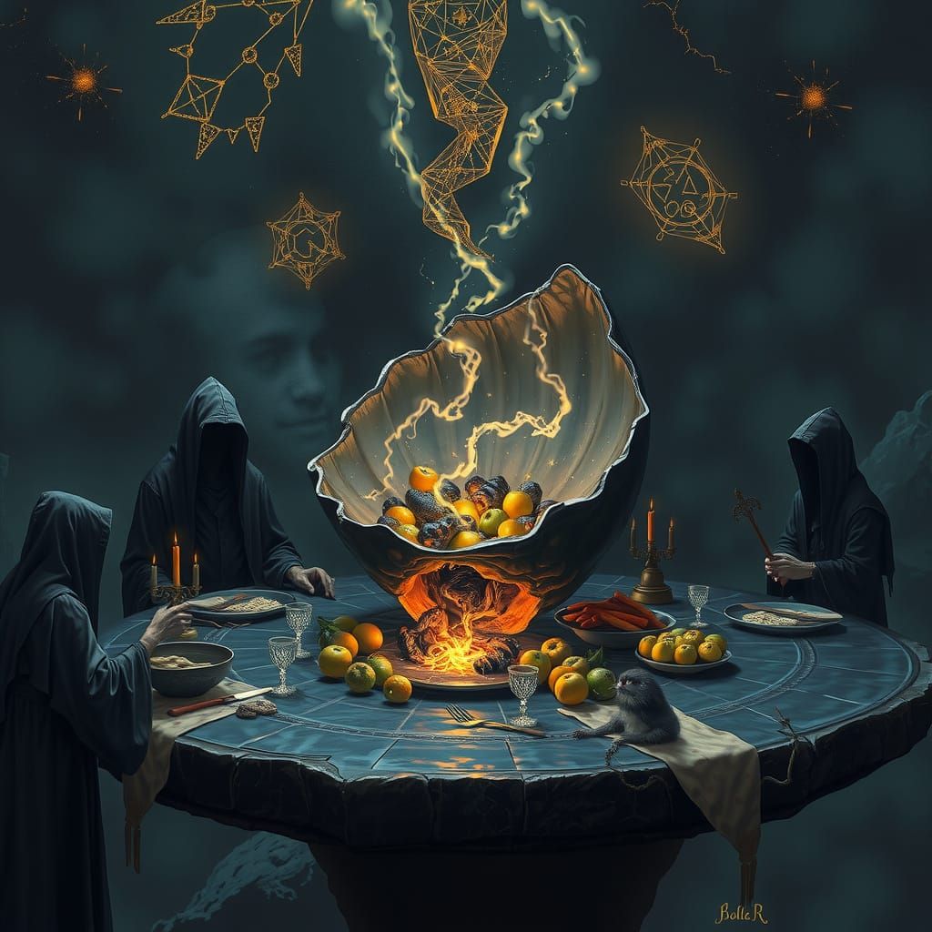 Forbidden Celestial Feast in Painterly Realism Style