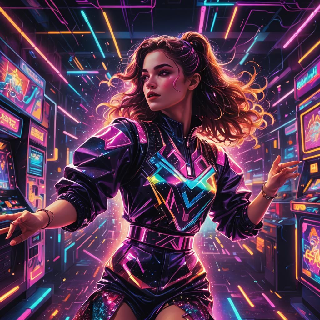 Synthwave Neon: Woman Dancing with Rainbow Sparks