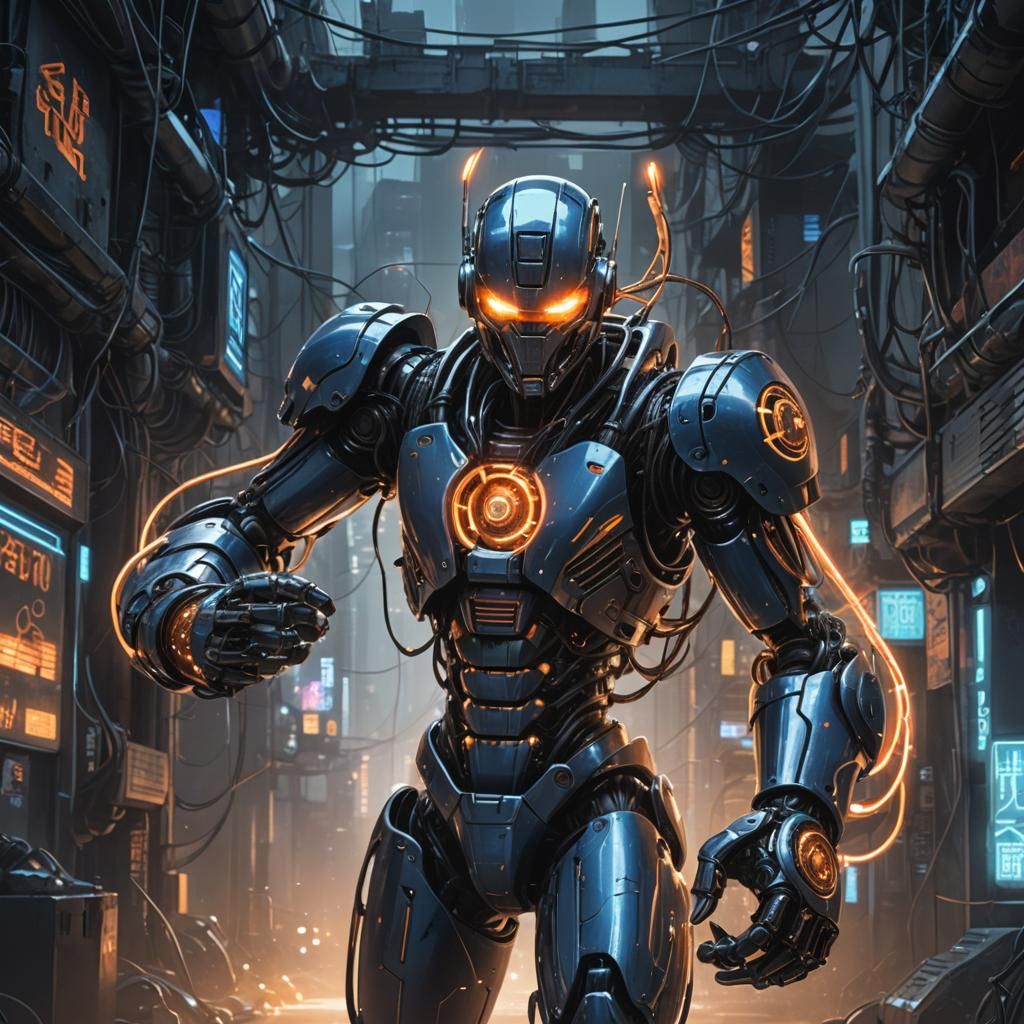 Cybernetic Robot Boxer in Gritty Anime Art