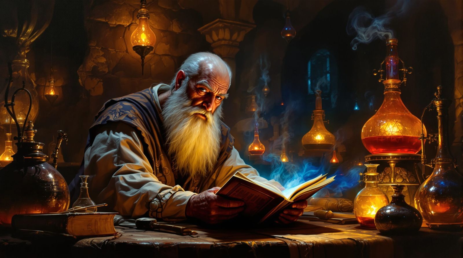 Al-Tughrai Scholar Studying Alchemy in Chiaroscuro Oil Paint...