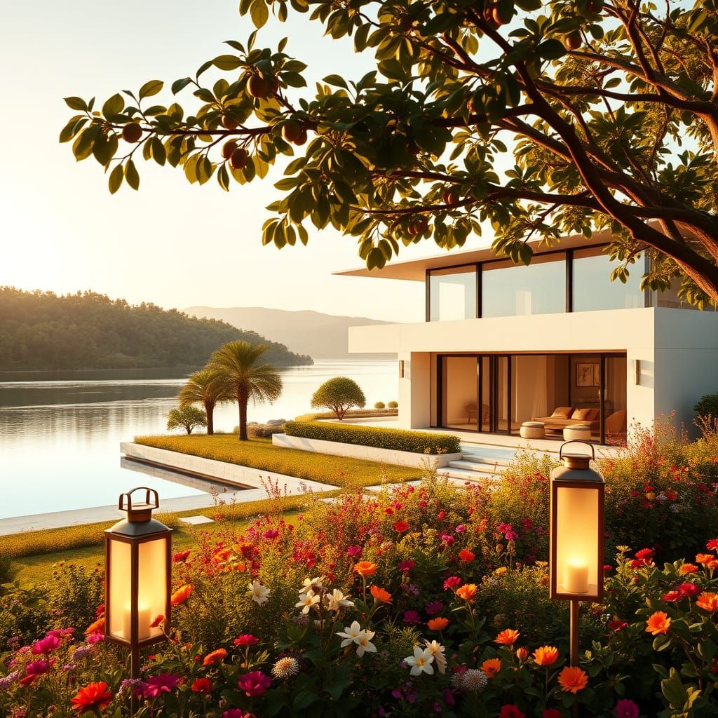 Modern Lakeside Villa in Vibrant Garden with Solar Illuminat...