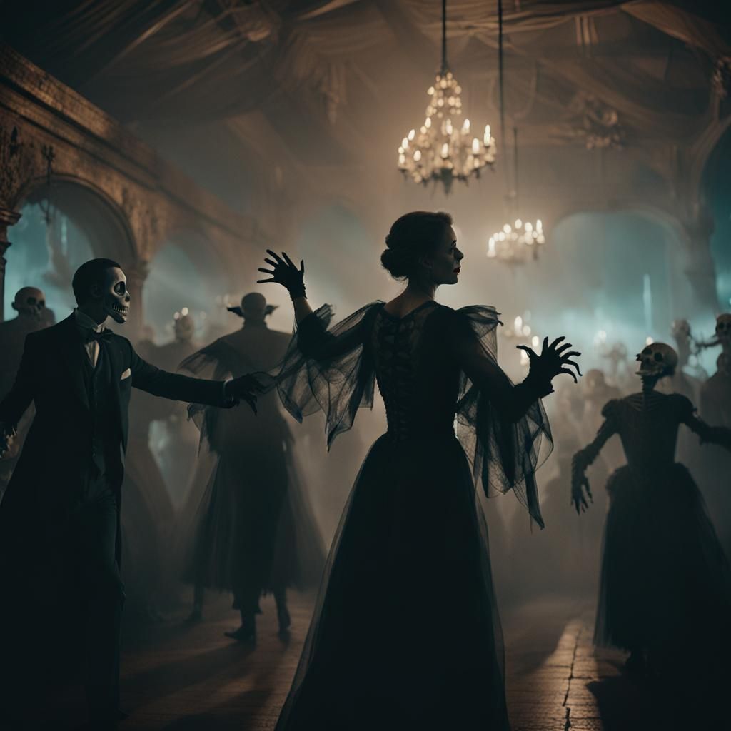 Transylvanian Prom with Dancing Skeletons in Film Noir Style