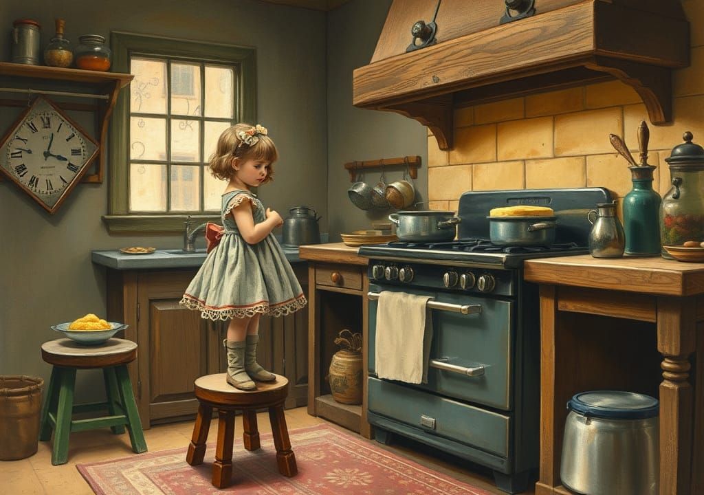 Girl Cooking Pudding, Intricate Kitchen Scene