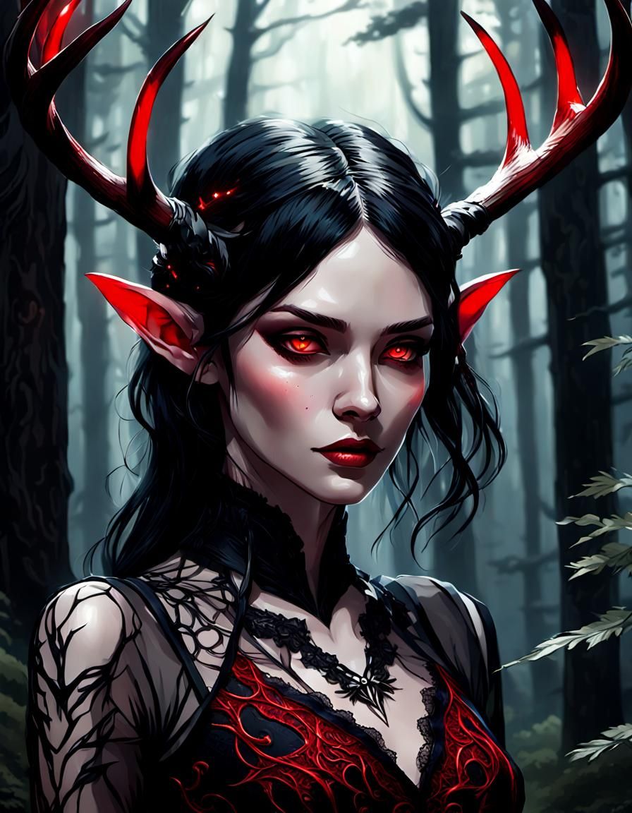 Elven Woman in Dark Forest Illustration