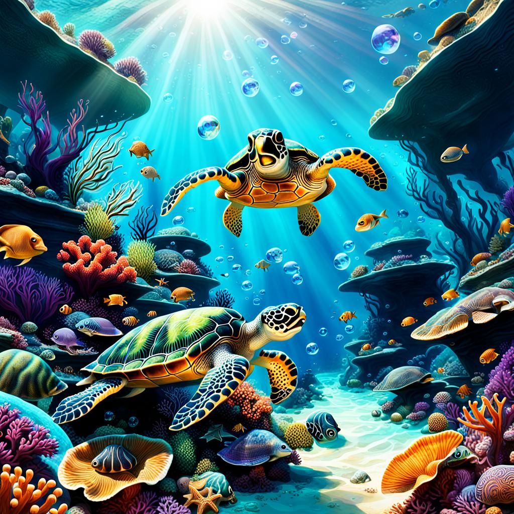 Vibrant Underwater Coral Reef Ecosystem with Sea Turtles