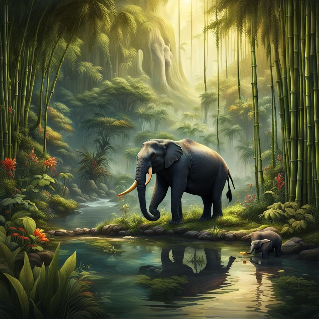 Lush Jungle Scene with Elephant Family