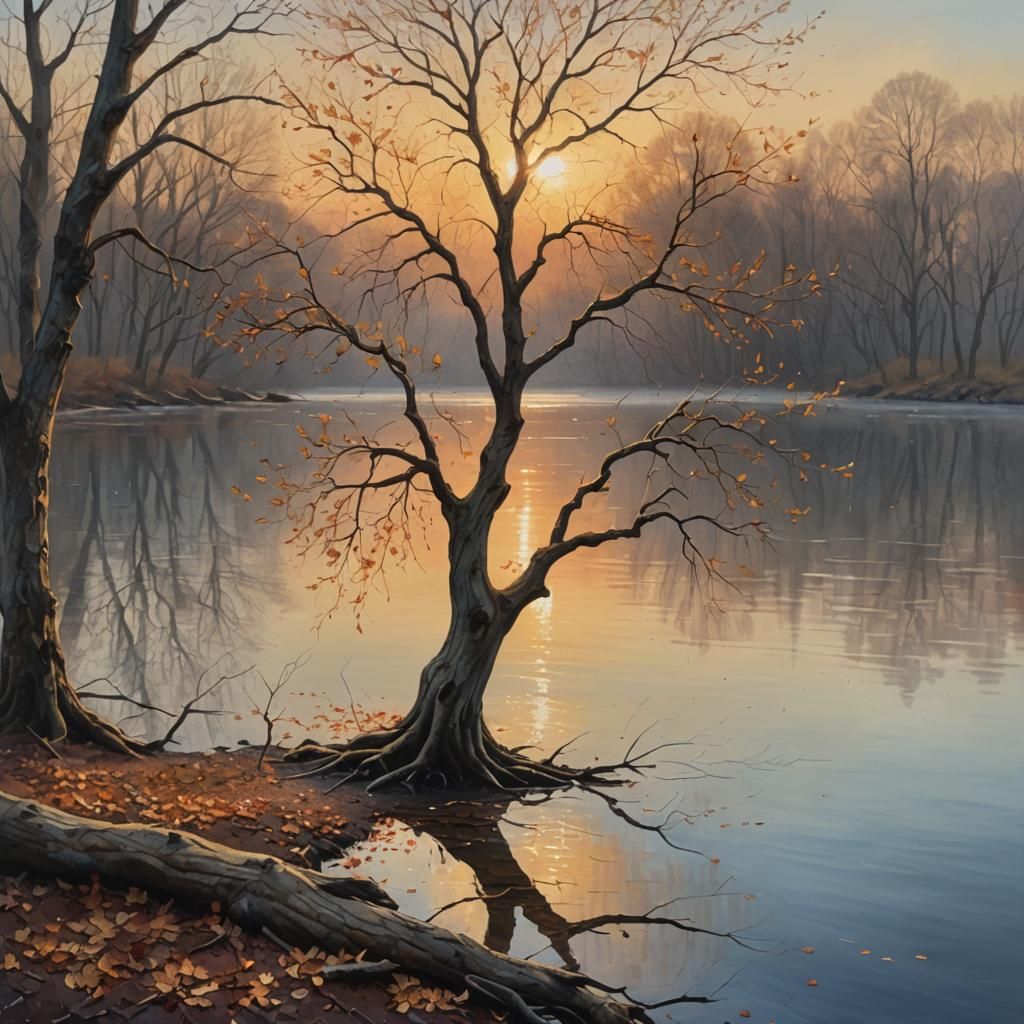 Lone Tree in Lake: A Golden Hour Oil Painting