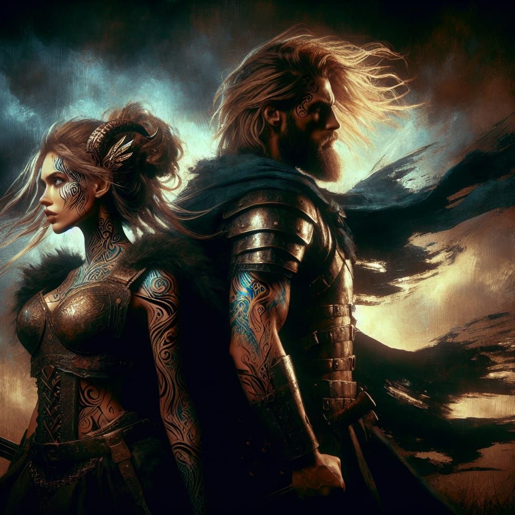Valkyrie and Warrior in Ominous Tableau